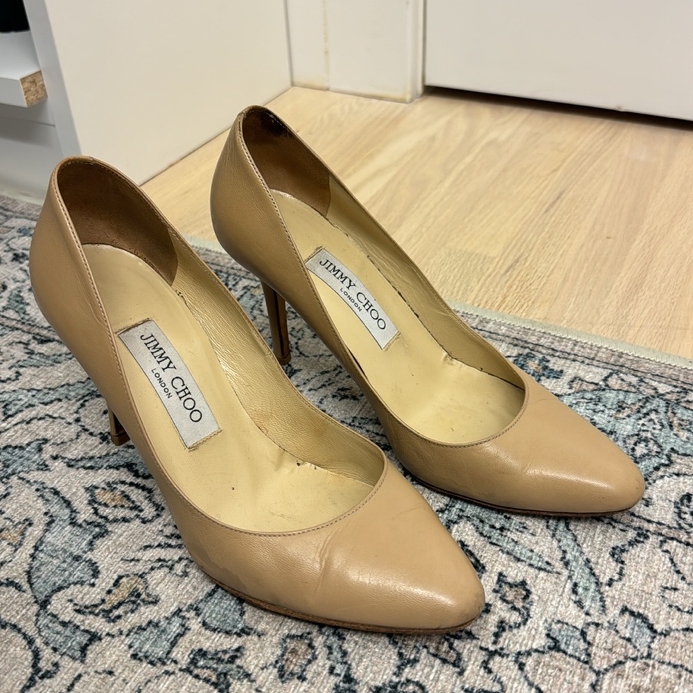 JIMMY CHOO Beige Almond Toe Leather Pumps 37.5
